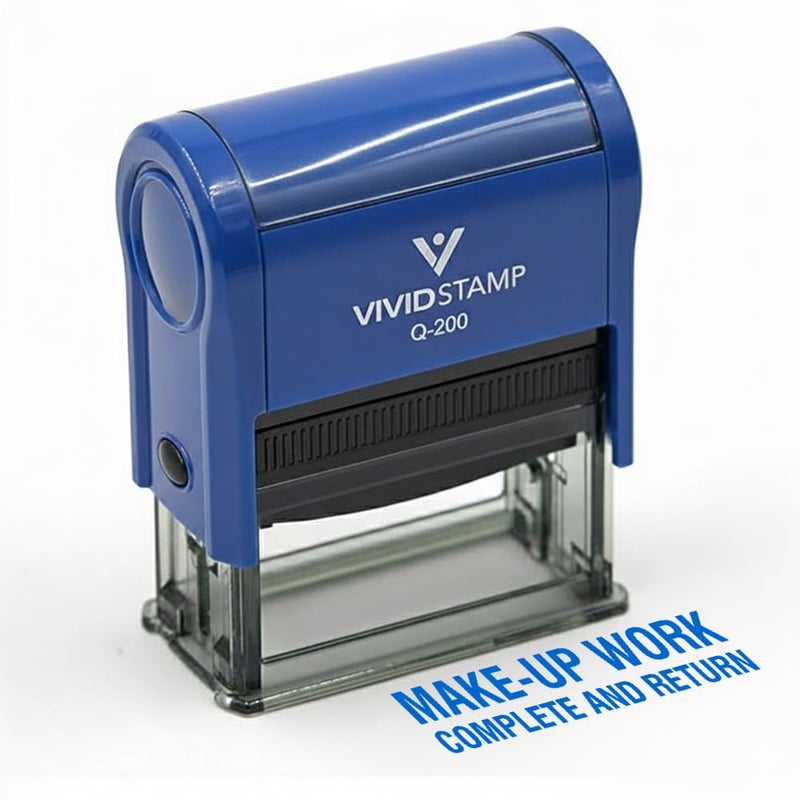 Vivid Stamp Make-Up Work Complete and Return Teacher Self Inking Rubber Stamp (Blue Ink) - Medium - Image 2